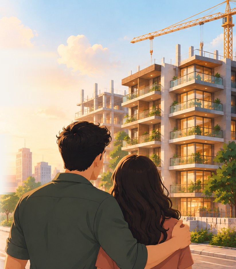 A young couple looks at their apartment building under construction at sunset.