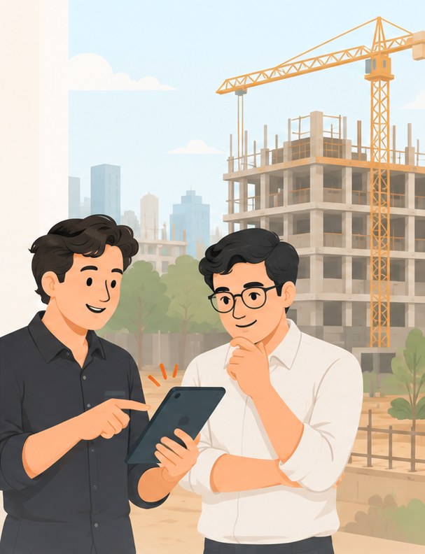 Two co-founders at a construction site reviewing progress on a tablet, with a crane and a building under construction behind them.