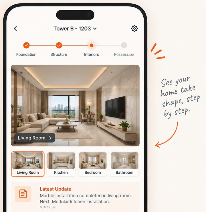 Phone app for Tower B, unit 1203: progress tracker with Foundation and Structure done, Interiors in progress, Possession next; a rendered living room; room tabs; and the latest update about marble installation.